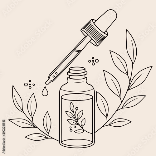 Essential oil bottle with dropper and leaves