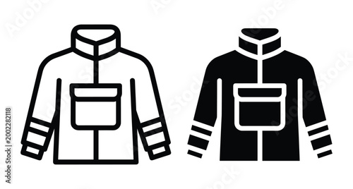 Firefighter protective jacket icon set featuring outline and solid glyph styles for emergency service uniform safety workwear apparel design