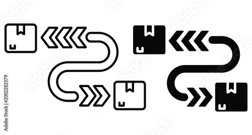 Logistics delivery path icon set showing package shipping route from origin to destination with arrows and cardboard boxes for transport