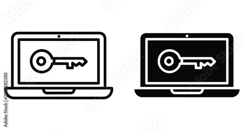 Laptop computer security icon set with key on screen representing digital privacy data protection cyber safety and encrypted access login