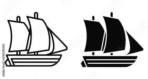 Sailing ship boat icon set with outline and solid black silhouette styles for nautical travel maritime transport and ocean navigation