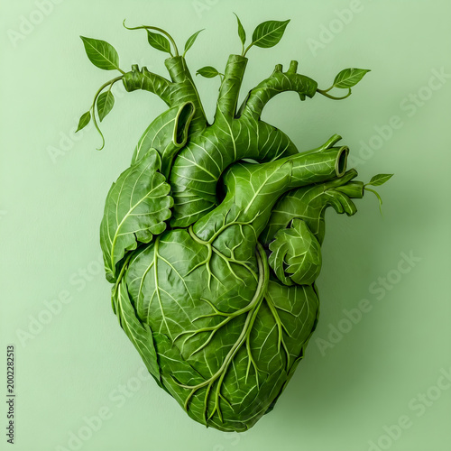 Green leaf anatomical heart symbolizing eco health, sustainability, natural wellness and environmental care concept