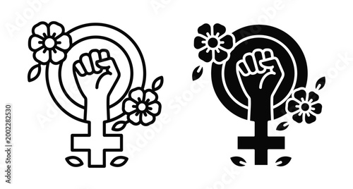 Female empowerment symbol with raised fist and flowers representing feminism women rights gender equality activism strength and social justice movement