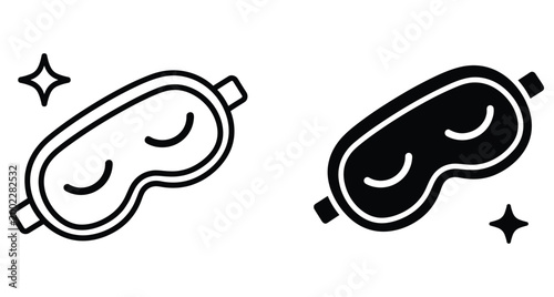 Sleep mask icon set featuring outline and solid black blindfold designs with stars for bedtime relaxation and travel rest wellness