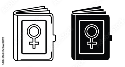 Female gender book icon set featuring outline and solid styles with venus symbol for feminism women rights and literature studies