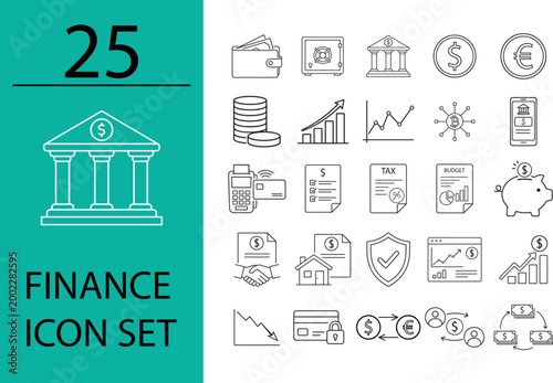 25 Finance Line Icons Set – Banking, Money, Investment, Analytics, Fintech Vector Outline Collection. With increasable Editable stroke