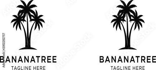 Minimalist black and white banana tree logo design set with palm silhouettes and editable tagline for tropical business branding isolated on white background.