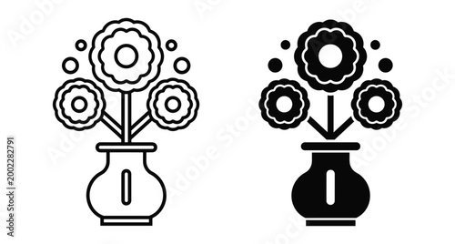 Flower vase icon set with outline and solid glyph styles featuring three blooming flowers in a ceramic pot for decoration