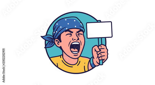 Cartoon man holding protest sign shouting.