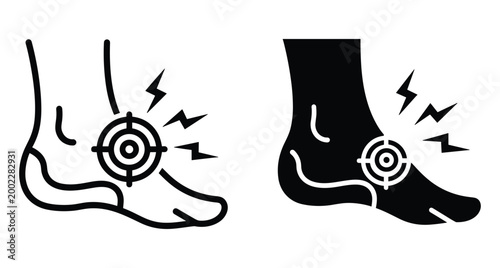 Ankle pain icon set showing human foot with target symbol and lightning bolts representing injury inflammation sprain or joint ache