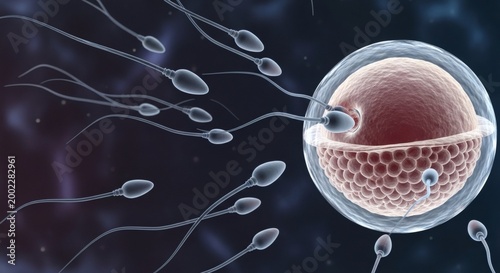 Fertilization, sperm and egg. A conceptual medical image showing the fertilization of an egg cell by sperm cells