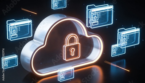 Futuristic minimalist 3D render of a bright secure cloud storage with floating encrypted data packets, glowing padlock icon detail, dark space background, vibrant digital colors, no text or branding