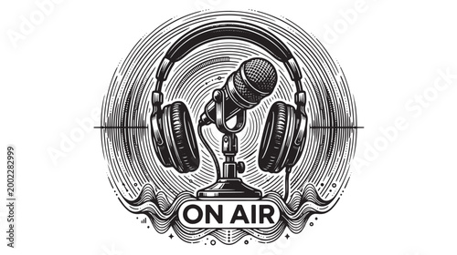 On Air Radio Microphone, Headphones Icon, Broadcasting Logo, Vector Graphic