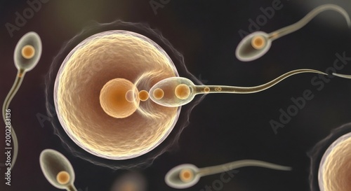 A detailed, medical illustration of sperm fertilizing an egg. The image shows the process of conception