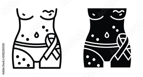 Female torso icon with awareness ribbon and skin spots representing cancer diagnosis medical health screening prevention and dermatology care support