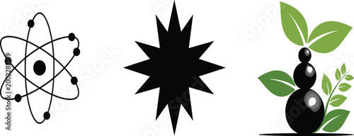 Vector icon set featuring scientific atom symbol pointed star shape and zen stones with green leaves for balance.