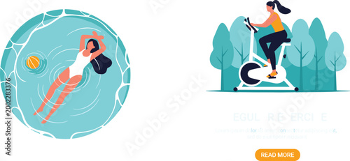 Vector illustration of woman swimming in pool and female character riding stationary exercise bike for healthy active lifestyle designs.