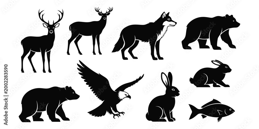 Obraz premium Black silhouettes of various wild animals