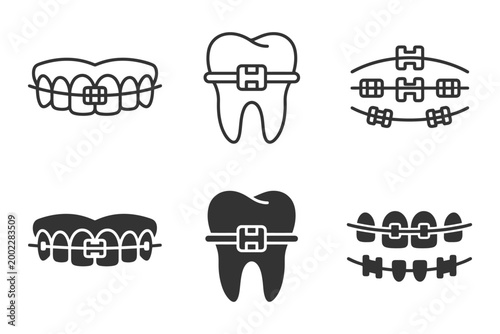 Set of orthodontic braces and teeth silhouettes in black and white.