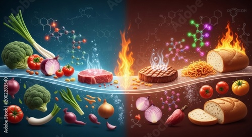 Comparison of food, showcasing vegetables, meat, and bread with molecular structures in artistic arrangement