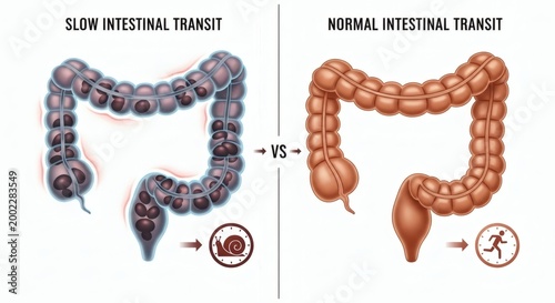 Intestinal transit comparison, slow vs normal with illustration 