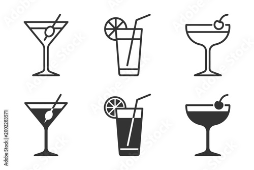 Icon set of cocktail glasses with garnishes and straws.