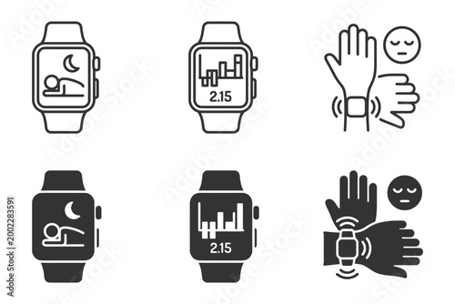 Smartwatch sleep monitoring and activity tracking icons.