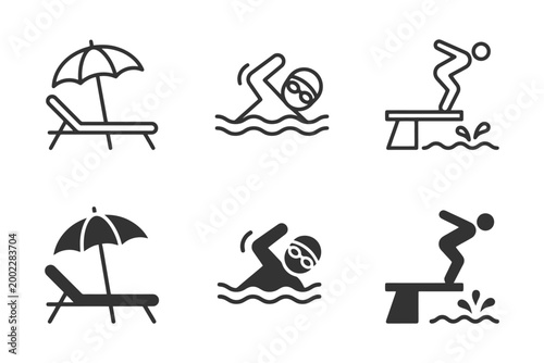 Swimming and beach icons: umbrella, sunbed, swimmer, diving board graphics.