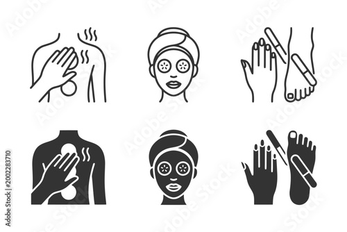 Spa symbols: massage, facial, manicure, pedicure icons in black and white.