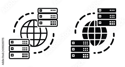 Global data center server network icon set featuring globe and database storage racks for cloud computing web hosting and information technology