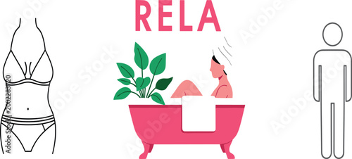 Vector wellness set featuring woman relaxing in bathtub with plants bikini body silhouette and male character icon for spa.