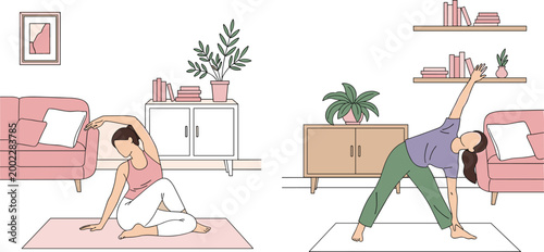 Yoga at home vector illustration set featuring women practicing stretching and triangle poses in a cozy living room interior.
