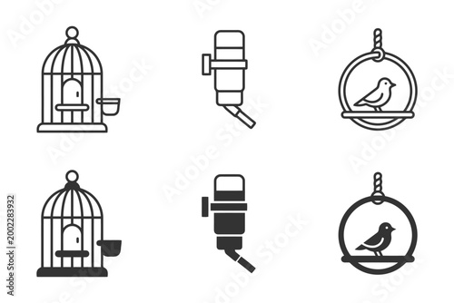Collection of birdcages and bird icons with microphones in black and white design.