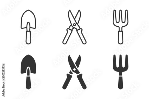 Set of gardening tools icons: trowel, shears, fork in black and white.