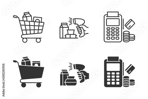 Shopping cart checkout icons for retail and grocery stores.