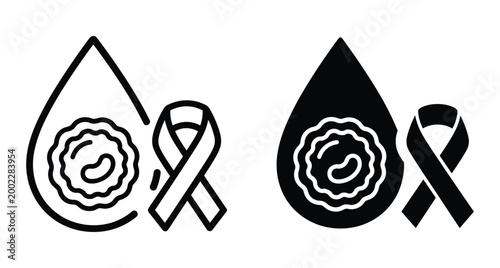 Blood cancer awareness icon set featuring leukemia cell inside blood drop and awareness ribbon in outline and solid glyph graphic styles