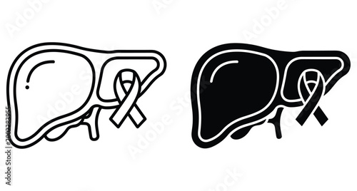 Liver cancer awareness icon set featuring human organ with ribbon symbol for hepatitis medical health education and disease prevention campaign