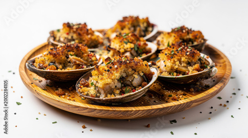 Stuffies Stuffed Quahogs on Bamboo Plate 30 Degree Angle Isolated on White Background Studio Image