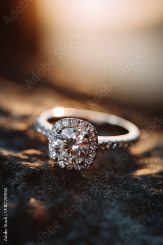 lab grown diamond engagement ring, round brilliant cut  with halo diamonds, photographed in warm soft light