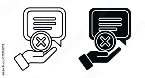 Hand holding cross symbol with speech bubble icon representing message rejection cancellation negative feedback decline delete remove disagree stop warning