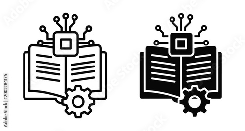 Digital learning icon set featuring open book with microchip and gear representing machine learning automated education and technical data processing