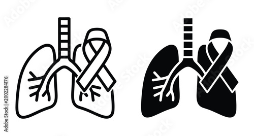 Human lungs icon set with awareness ribbon for lung cancer respiratory health medical research asthma prevention and pulmonary disease support