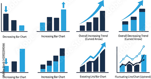 Business chart and graph icon set in blue corporate style. Analytics, data statistics, growth and decline symbols for finance reports, dashboards, presentations.UI design.