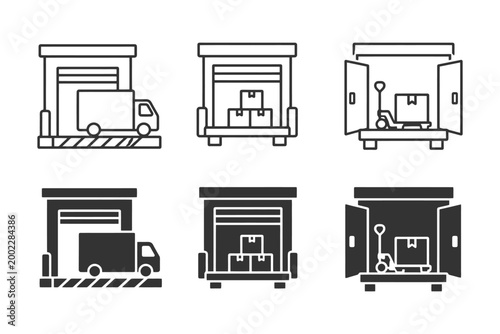Warehouse icons with trucks, storage units, and pallet jack.