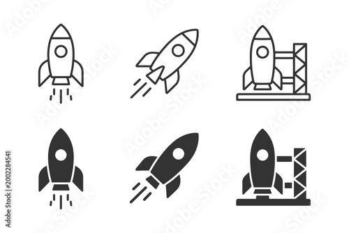 Rocket icons set: various designs with launchpad and flying rockets.