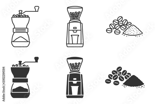Coffee grinder icons set featuring manual and electric designs with coffee beans and grounds.