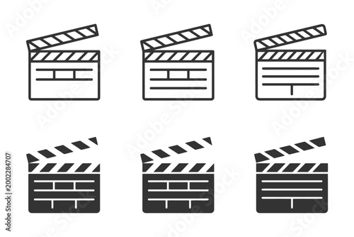 Film clapboard icons set in various styles for filmmaking projects.