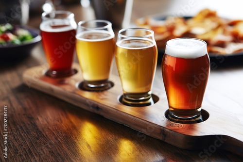 Craft Beer Tasting With Four Different Brews Served on a Wooden Flight Board in a Lively Bar Setting