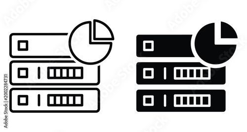 Data server storage icons with pie chart analytics representing database management information technology hosting services cloud computing and digital statistics