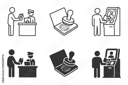 Immigration and passport control process icons featuring travelers and passport stamps.
